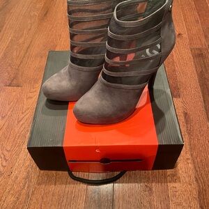 G by Guess Strappy Gray Heeled Boots